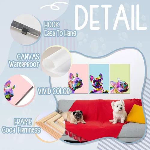 Vista 7 de 3 piezas de arte de pared en lienzo de bulldog francés, pintura de decoración de bulldog francés con marco interior de madera