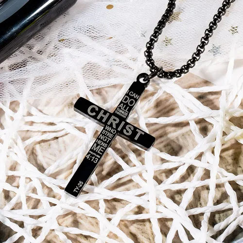 Vista 7 de Wolentty Collar con cruz de bandera estadounidense de acero inoxidable grabado religioso filipenses 413 joyería con colgante para hombre color negro