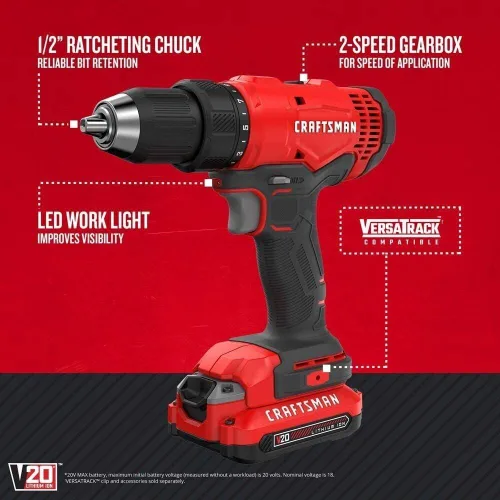 Vista 2 de CRAFTSMAN V20 - Kit de taladro/controlador inalámbricos (CMCD701C2)