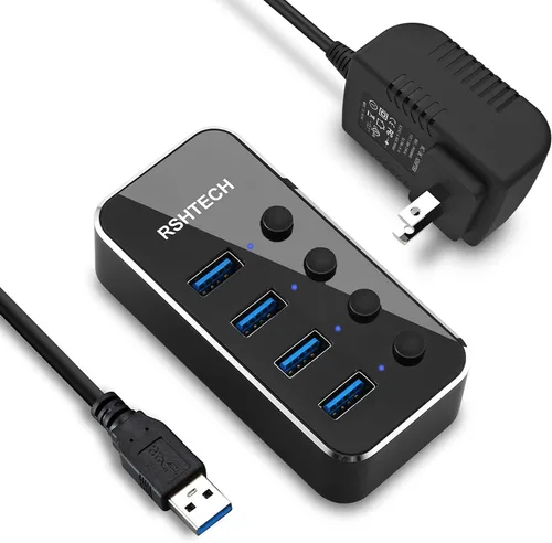 Vista 10 de Concentrador USB alimentado RSHTECH de 4 puertos USB C a USB 3.0, expansor de concentrador de aluminio portátil USB 3.0 con adaptador de CA de 5 V e