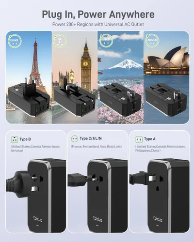 Vista 4 de EPICKA Air 65W Universal Travel Adapter PD&QC with 1AC/3USB-C/1USB-A 65W-Black