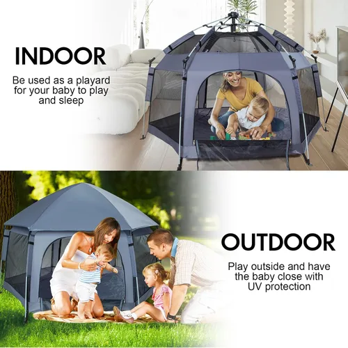 Vista 2 de Corralito para bebés de alta calidad para puerta y exterior, portátil, ligero, paquete desplegable y patio de juegos con toldo y bolsa de viaje, Gris
