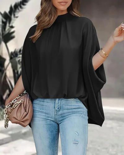Vista 136 de BTFBM Blusas de verano para mujer, cuello alto falso, manga murciélago, holgadas, dobladillo alto y bajo, blusas informales de gran