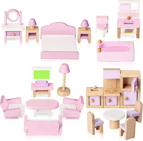Vista 2 de Juego de 22 piezas de muebles de casa de muñecas de madera - Baño, cocina, dormitorio, sala de estar, juego de 4