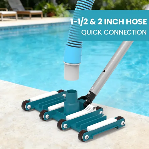 Vista 2 de POOLWHALE Cabezal de aspiradora de piscina flexible de 14" con ruedas, mango de control de dirección giratoria para piscinas enterradas y sobre