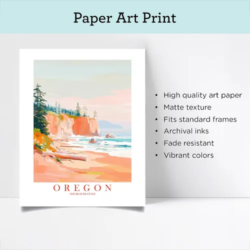 Vista 9 de ColorAndFlair Oregon Travel Print Coastal Ocean Pink Orange Wall Art Retro Poster Beaver State Souvenir Beach Painting (8x10 inches)