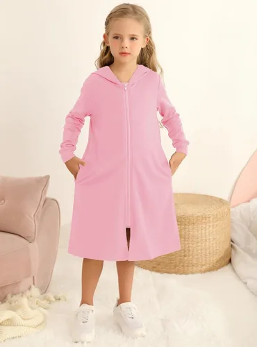 Vista 4 de Sudaderas con capucha y cremallera para niñas, de algodón suave, de manga larga, holgada, con bolsillos, de 4 a 13 años