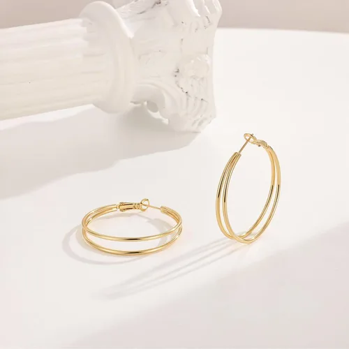 Vista 4 de Pendientes de aro dobles para mujer de moda con poste de plata de Dorado
