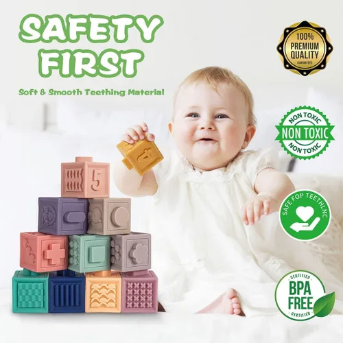 Vista 3 de SpringFlower Juguetes Montessori 3 en 1 para bebés de 0-3-6-12 meses, dentición suave para bebés, bloques de construcción apilables para bebés