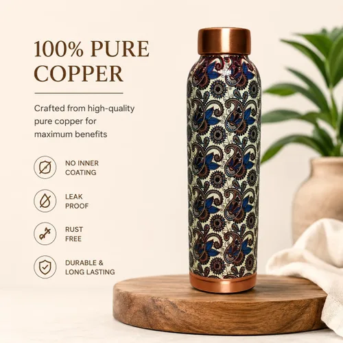 Vista 5 de Botella de agua de cobre de 34 onzas, botella de agua grande de cobre para beber, recipiente multicolor ayurvédico 100% puro para botella de tapa a