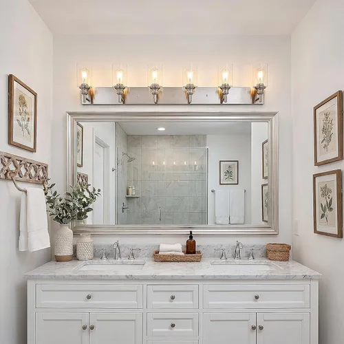 Vista 7 de 6 luces de tocador de baño, níquel cepillado, accesorios de iluminación de baño sobre espejo con vidrio transparente, aplique de pared industrial