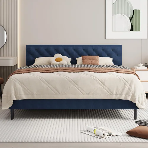Vista 14 de BarnFurin Marco de cama tamaño completo con cabecero, cama de plataforma tapizada con cabecera acolchada con botones ajustables, marco de cama