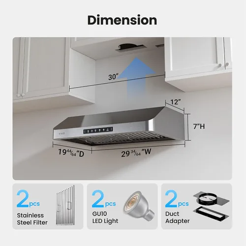 Vista 8 de VIKIO HOME Campana Extractora de 30 Pulgadas Debajo del Gabinete, Campana de Cocina con 980 CFM, Sensor de Gestos de 3 Velocidades y Panel