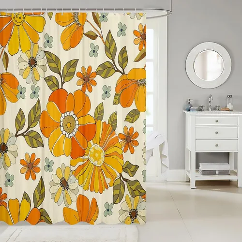 Vista 2 de Castle Fairy Cortina de baño de flores retro, cortina de ducha de baño con flores amarillas y verdes, cortina de ducha para niños y niños, tela
