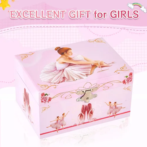 Vista 4 de Joyero musical de bailarina con bailarina giratoria para niñas, juguetes para niños, caja de música, para edades de 3 a 10 años, regalos