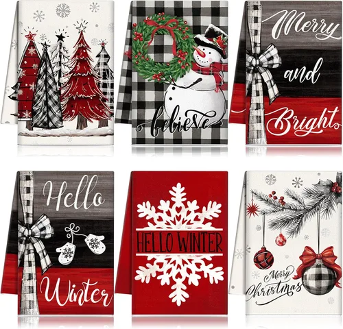 Vista 13 de FuWeave Toallas de Cocina Navideñas Beige Paños de Cocina con Árbol Navideño Toallas de Mano Decorativas Hello Winter Absorbentes Pelota de Guantes