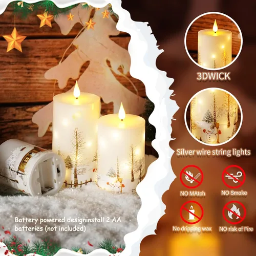 Vista 3 de Velas sin llama de Navidad con control remoto - Velas LED blancas y luces de cadena, juego de 3 con pilas (D3 x A4/5"/6") para decoración