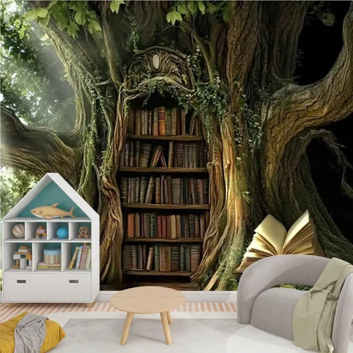 Vista 3 de Murales modernos para papel pintado 3D petrificado árbol arroyo ambiente antiguo oculto estantería abierta libro abierto despegar y pegar