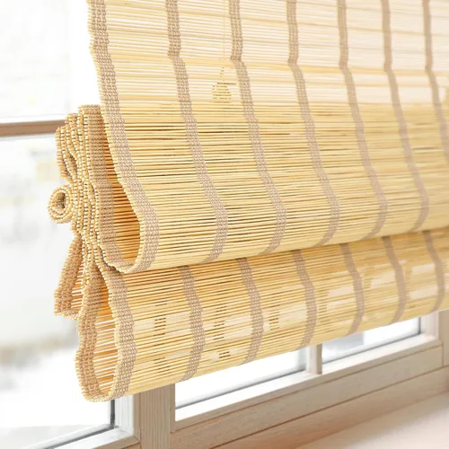 Vista 2 de Persianas romanas de bambú sin cordón, persianas opacas personalizadas, persianas de bambú natural tejidas para ventanas, puerta de vidrio