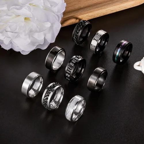 Vista 2 de Masedy Juego de 9 anillos para hombres y mujeres, anillos de promesa de boda, anillos giratorios para ansiedad, 0.315 in