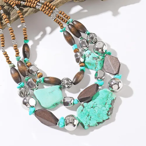 Vista 5 de Bocar 3 Layer Turquoise Wood Beaded Statement Chunky Necklace(NK-10124)