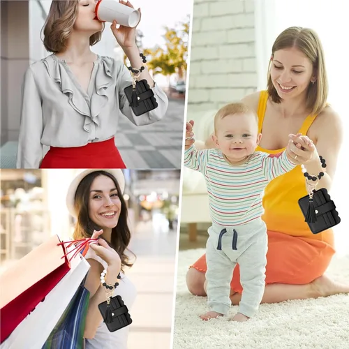 Vista 6 de KNGITRYI Cartera llavero pulsera para mujer, delgado RFID tarjeta de crédito, monedero, borla llavero brazalete para hombres y mujeres