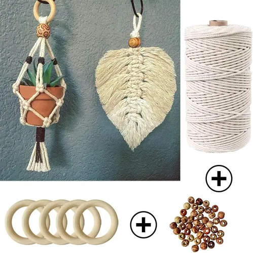 Vista 5 de 120 kits de macramé para principiantes de 0.118 pulgadas x 109 yardas, cordón de macramé de algodón natural con cuentas y anillos de madera, palos