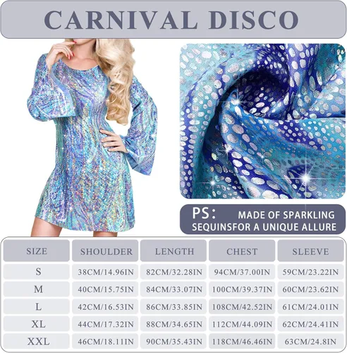 Vista 2 de Conjunto de 6 piezas de disfraz y accesorios de discoteca para mujer, vestido de los años 70, bufanda, pulsera, aretes, diadema, lentes de sol