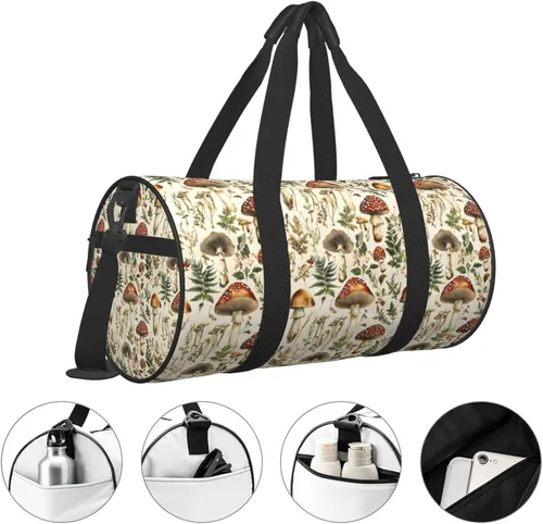 Vista 2 de Large Duffle Bag for Travel - Retro Mushroom Plants Print Gym Bag for Women Men, Travel Foldable Bags for Women Men with Zippered Multiple Pockets