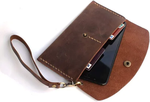 Vista 2 de Handmade Leather Wristlet Wallet with Card Slots Retro Multi-function Envelope Mobile Phone Card Holder Clutch Wallet with Hand Wrist Lanyard