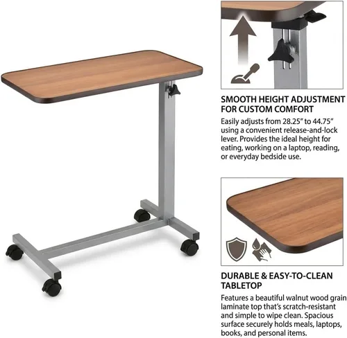 Vista 4 de NOVA Mesa para colocar sobre la cama con ruedas giratorias de bloqueo, altura ajustable, parte superior de grano de madera de nogal, base de acero