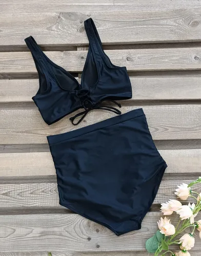 Vista 5 de SPORLIKE - Traje de baño de cintura alta para mujer, bikini de dos piezas con control de abdomen y parte superior triangular