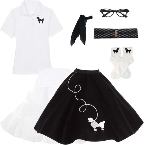 Vista 3 de Hip Hop 50's Shop Falda de caniche de los años 50, enagua y polo con accesorios, conjunto de disfraz de 7 piezas para adultos