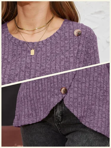 Vista 4 de DouBCQ Blusa casual de manga larga para mujer, con botones de moda, dobladillo lateral de tulipán