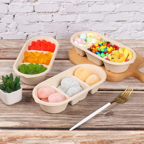 Vista 3 de Cuencos de papel desechables de 18 onzas, 3 compartimentos con tapas, fibra de caña de azúcar para aperitivos, postres, preparación de comidas