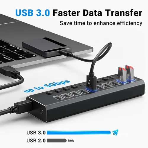 Vista 3 de Hub USB 3.0 alimentado de aluminio de 10 puertos USB 3.0 Hub de datos con adaptador de corriente de 12V/4A (48W) e interruptores individuales
