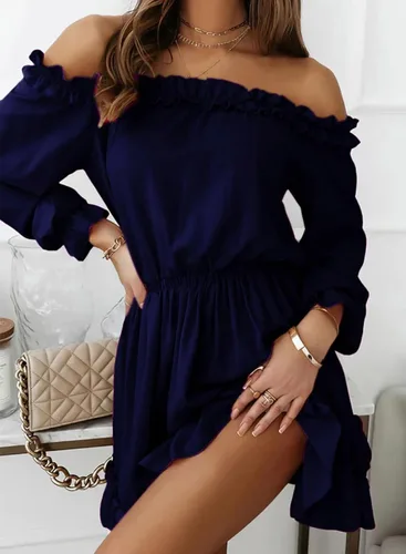 Vista 3 de Dokotoo Vestido de primavera 2024 con volantes y hombros descubiertos para mujer, manga larga, cintura elástica, acampanado, casual, mini vestidos