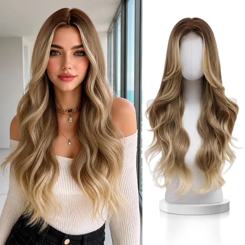 Vista 18 de VERNA - Peluca rubia con flequillo, peluca sintética de aspecto natural, rizada, ondulada de 26 pulgadas, resistente al calor, estilo de parte media