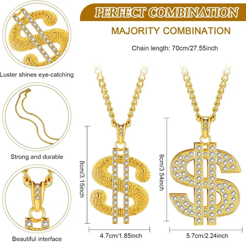 Vista 4 de Tatuo 2 piezas de cadena chapada para hombre con colgante de signo de dólar, collar de dólar hip hop