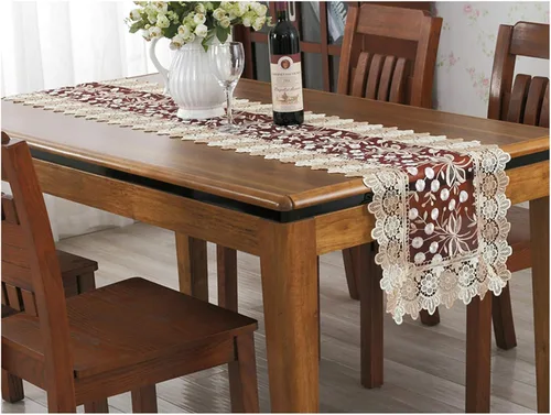 Vista 5 de Camino de mesa con bordado floral de encaje, bufanda rectangular transparente de poliéster para decoración de mesa del hogar, comedor, 16 x 35 Beige