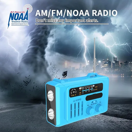 Vista 6 de Radio solar de emergencia con manivela, NOAA/AM/FM con linterna LED y lámpara de lectura, USB tipo C/carga solar/manivela, altavoz Bluetooth, alarma