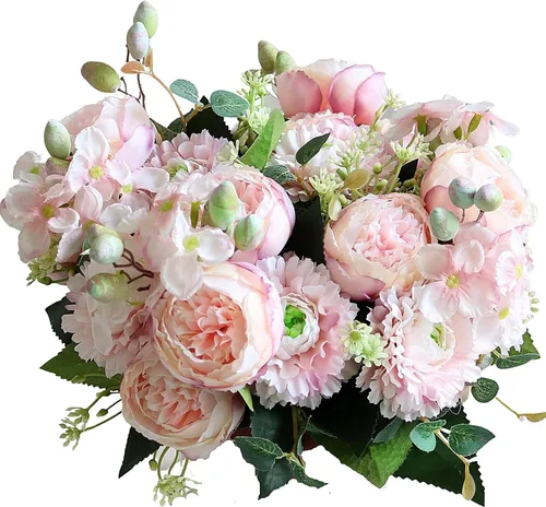 Vista 9 de ASTRYAS 4 piezas de peonías artificiales rosas de seda, flores de peonía de seda falsas, ramo de peonías artificiales de seda para centro de mesa 4