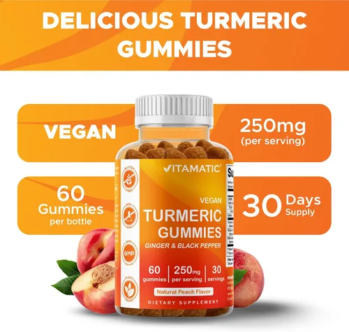 Vista 4 de Vitamatic Gomitas de cúrcuma con extracto de jengibre y pimienta negra – 60 gomitas veganas 95% curcuminoides – Potente apoyo antioxidante e