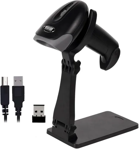Vista 7 de Escáner de código QR con soporte plegable, escáner de código de barras 1D 2D 2.4G conexión inalámbrica y USB con cable, lector de código de barras