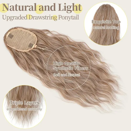 Vista 5 de Extensión de cola de caballo de 24 pulgadas de largo, rizado, ondulado, con cordón, extensiones de cabello sintético para mujer, uso diario, mezcla
