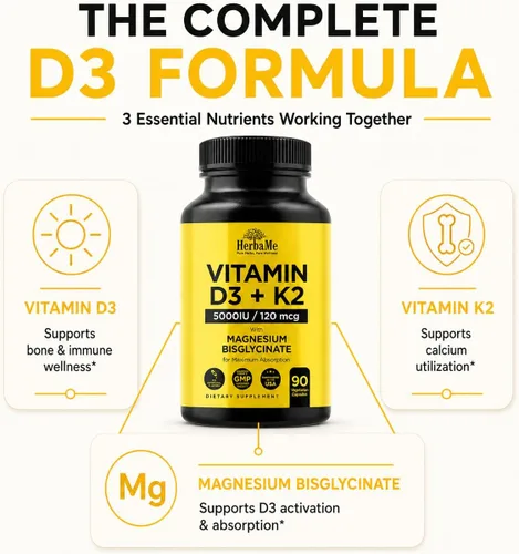 Vista 4 de HerbaMe Vitamina D3 5000 UI + K2 con fórmula de bisglicinato de magnesio