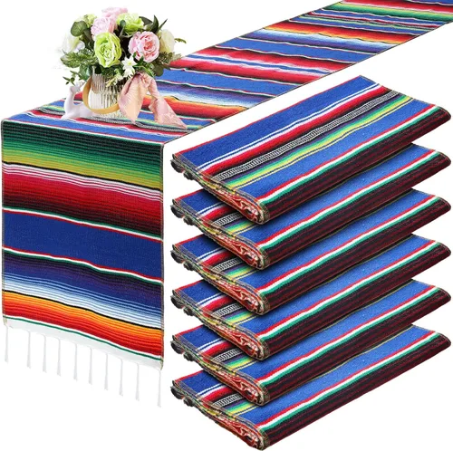Vista 12 de Tegeme 12 Piezas Caminos de Mesa Mexicanos 14 x 84 Pulgadas Camino de Mesa Mexicano Serape Manta Decorativa con Flecos de Algodón Decoración