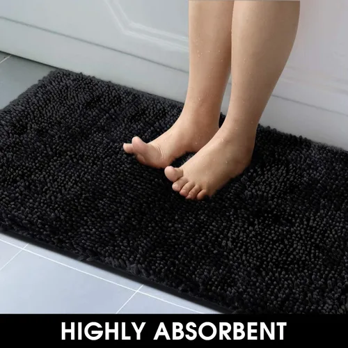 Vista 5 de HOMEIDEAS Juego de alfombras de baño negras de 3 piezas, alfombras y tapetes de felpilla de mantequilla, peludos, absorbentes, antideslizantes