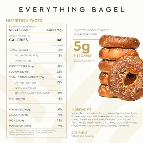 Vista 2 de Hero Todo en Uno Bagel - 5g de carbohidratos netos, 17g de proteína, alta en fibra, 140 calorías por porción (2 paquetes (10 bagels))