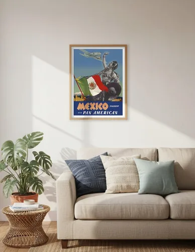 Vista 6 de México – Mañana – via Pan American Airways (PAA) – Bandera de México – Póster vintage de viaje de aerolínea por Paul George Lawler c.1940